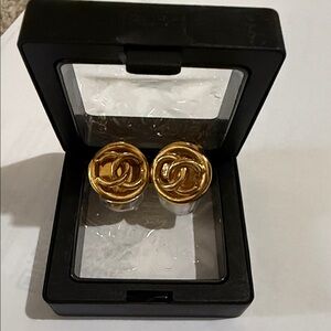 Chanel small vintage Gold Logo Earrings